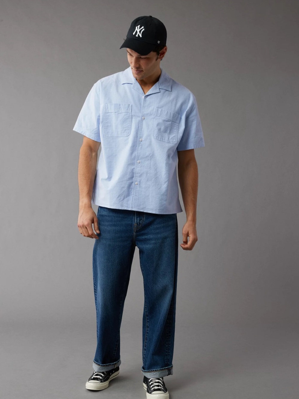 NWT AE Poolside Camp Collar Shirt Light Blue Short Sleeve Button Up